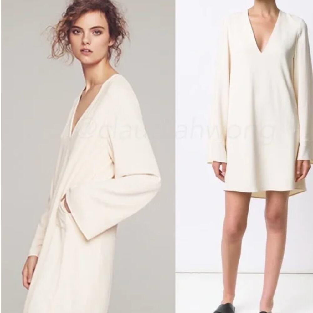 Helmut Lang long bell sleeve cream v neck short mini minimalist dress Xsmall